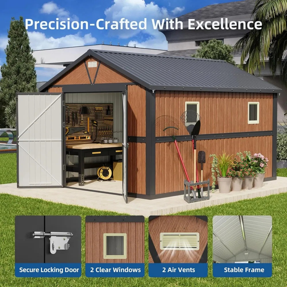 Large Outdoor Metal Storage Shed with Lockable Doors and Windows for Backyard, Patio, and Lawn Use