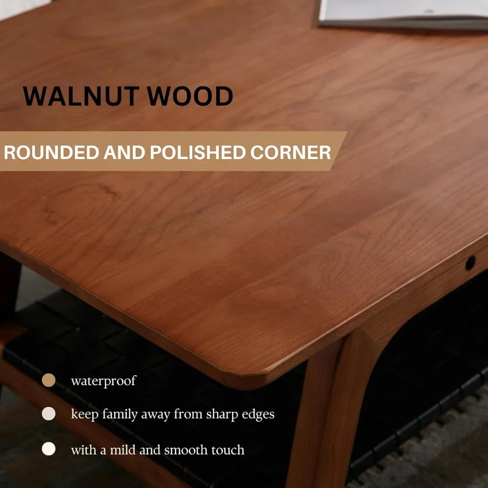 Solid Wood Coffee Table – 47” Mid-Century Modern Rectangular Coffee Table with 2-Tier Storage