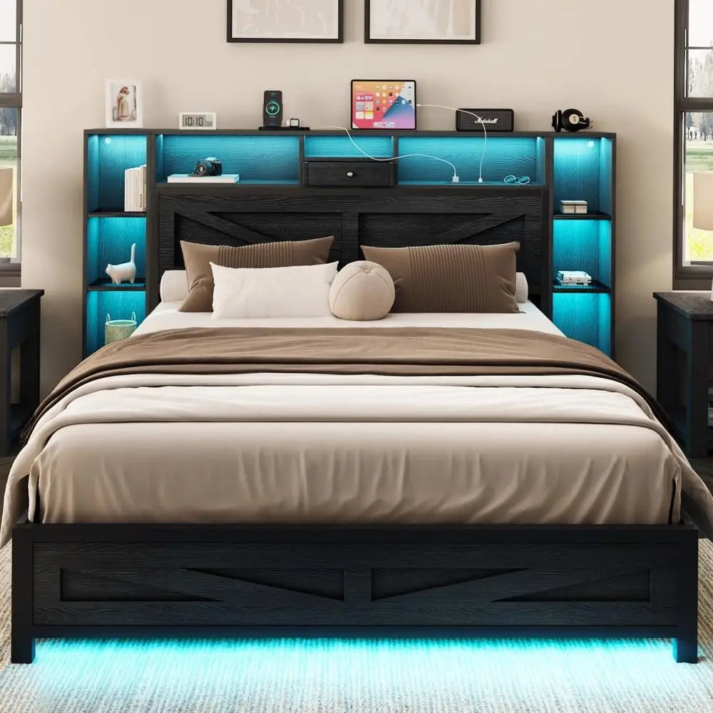 Queen Size Black Farmhouse Bed Frame – Bookcase Headboard with Storage, LED Lights & Charging Station