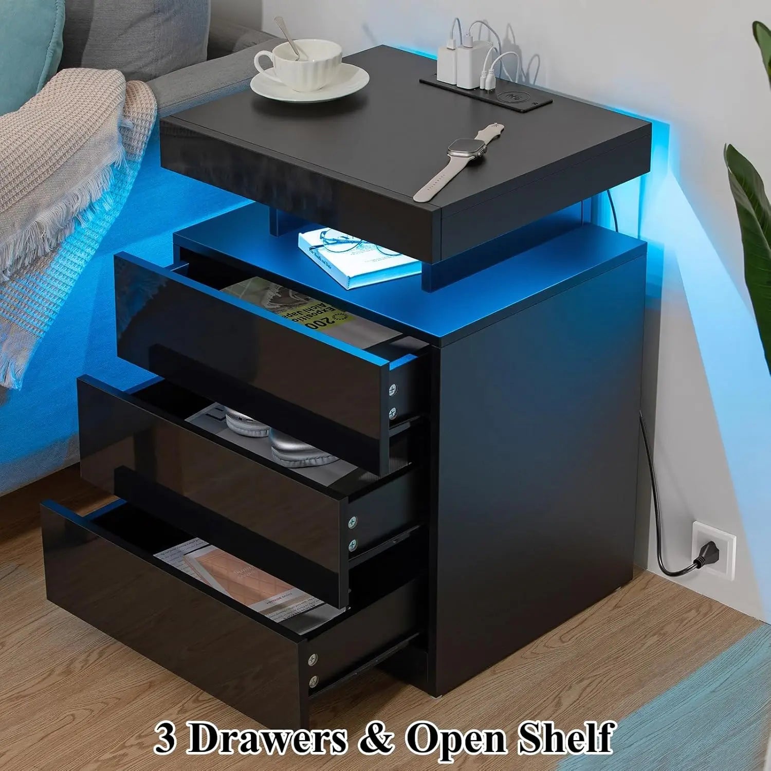 LED Nightstand with Wireless Charging & USB Ports, 3-Drawer Smart Bedside Table, RGB Adjustable Light, Black