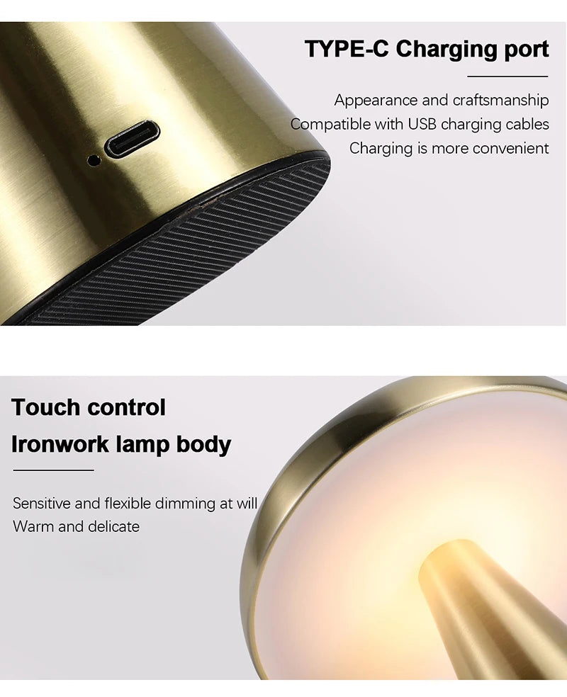 Rechargeable Table Lamp Bedroom Decoration Bar Living Room Bedside Mood Lights Touch Three Level Dimming Metal Mushroom Lamps
