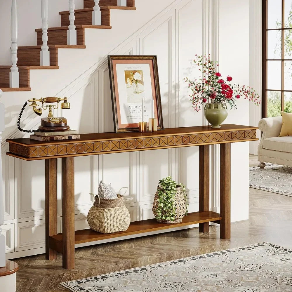 Extra Long Solid Wood Console Table 2-Tier Sofa Table Narrow Entryway Accent Table with Storage for behind Couch Living Room