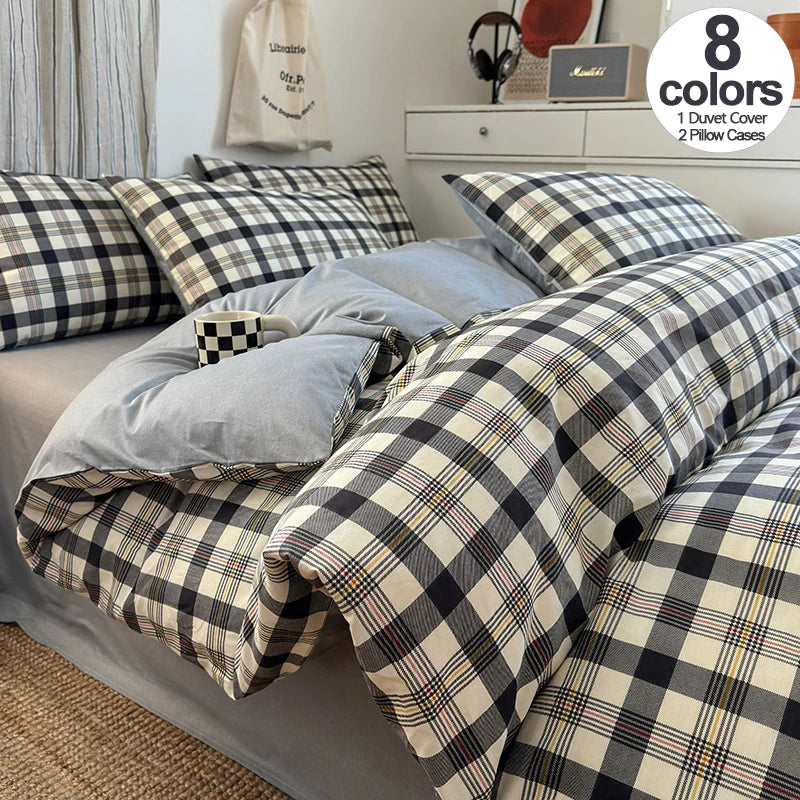 Cotton Plaid Duvet Cover Set – Soft & Breathable Bedding (2 Pillowcases)