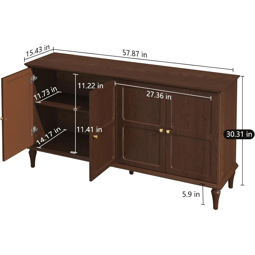 sideboard buffet cabinet with storage, 58'' mid-century modern storage cabinet with 4 doors and adjustable shelves, accent styl