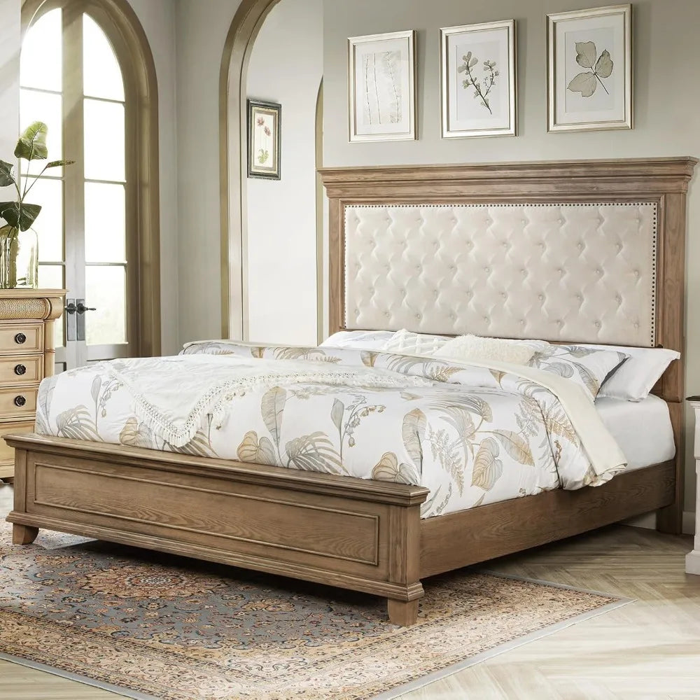 King Size Solid Wood Farmhouse Bed Frame – Upholstered Headboard, Architectural Design