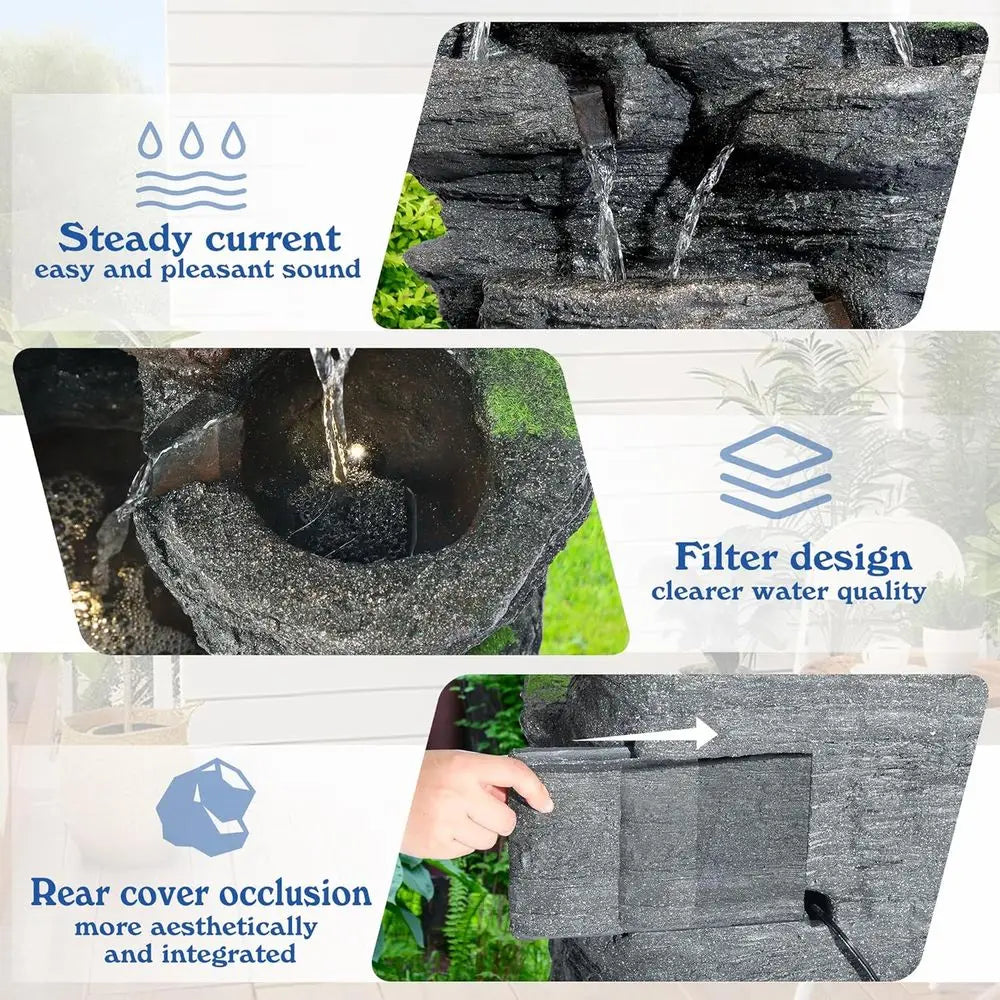 40''H Outdoor Water Fountain - Garden Rock Waterfall Fountains, Outdoor/Indoor Floor Standing Resin Water Fountain with 10 LED L
