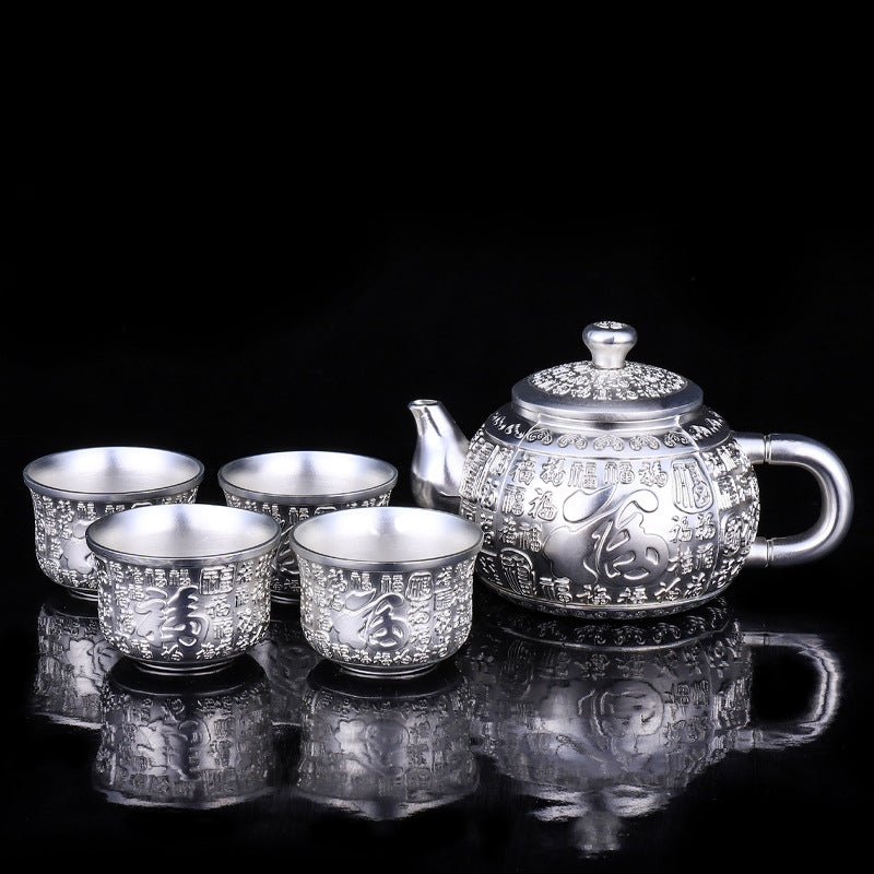 High-Grade Hand-Gilt Silver Tea & Wine Set – Silver-Plated Teapot with Chinese Wine Glasses