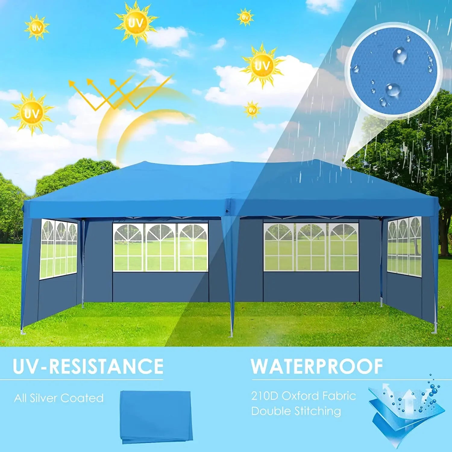 Pavilion Popup Gazebo 3x6m Waterproof Folding Gazebo Tent Party Tent with 6 Side Panels UV 50+ Height Adjustable 2-3M