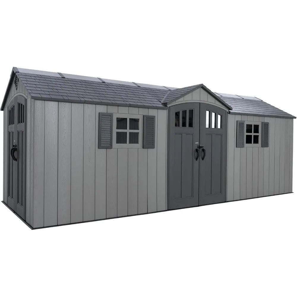 20x8 Ft Outdoor Storage Shed, Gray HDPE Construction, Steel-Reinforced Walls, Dual-Ewntry Design with Lockable Doors