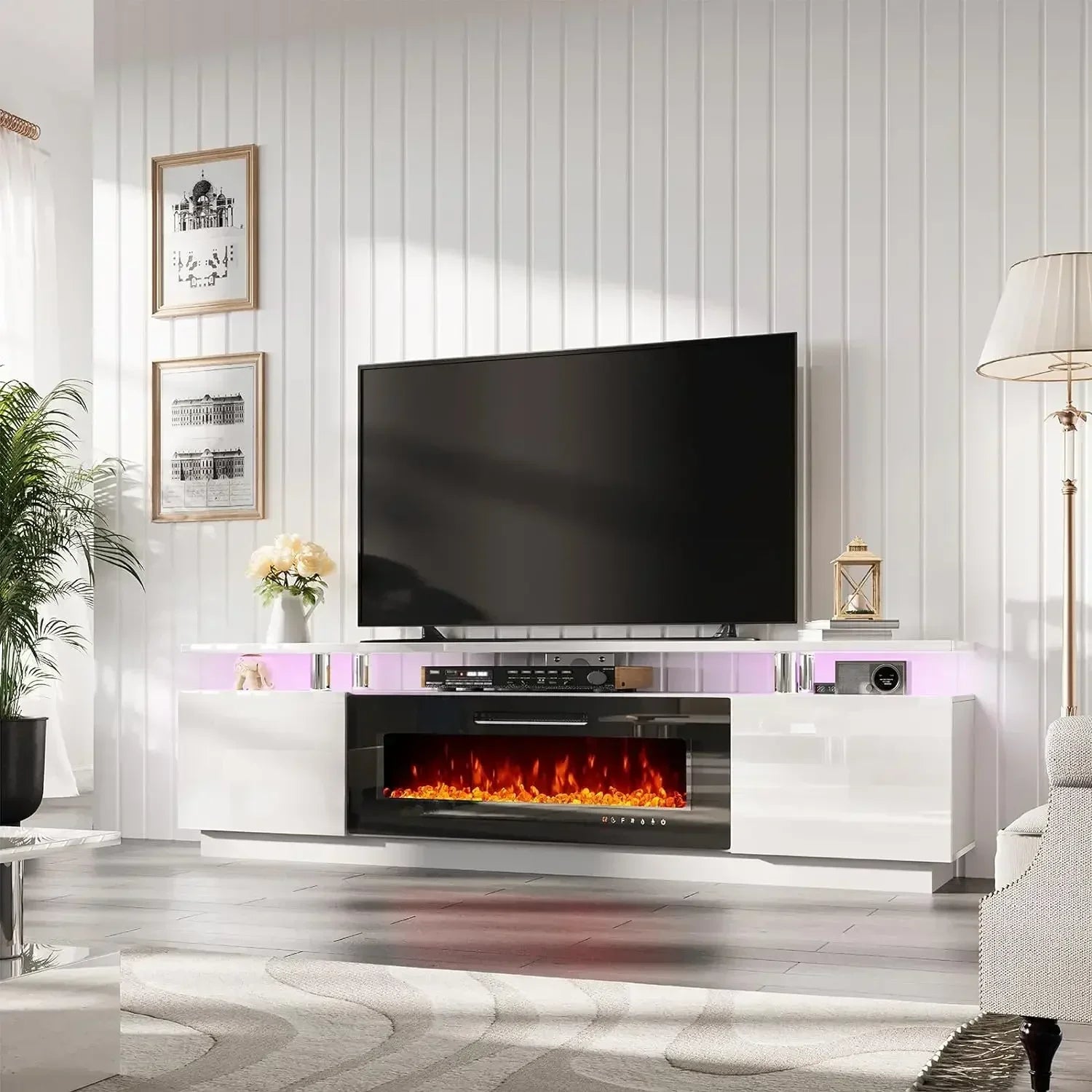 Fireplace TV Stand for 80 "TVs, LED Light, Entertainment Center, 2-Tier Storage", High Gloss, 70"