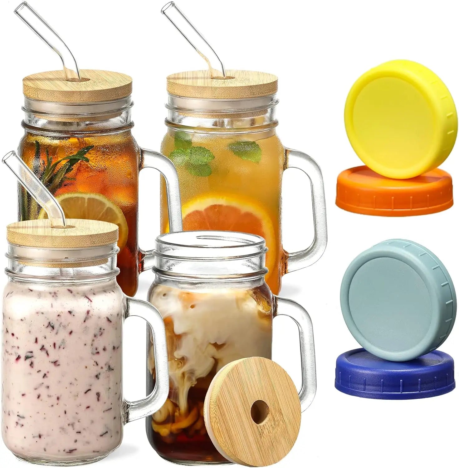 Mason Jars with Handle, Glass Mugs with Straws and Bamboo Lids & Colorful Airtight Lids 4pcs Set, 16oz Drinking Glass Cups, Trav