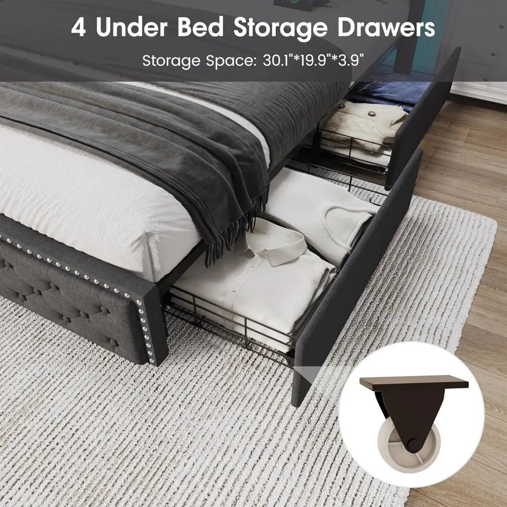 Queen Size LED Upholstered Bed Frame with Storage Drawers & Charging Station – Wingback Headboard