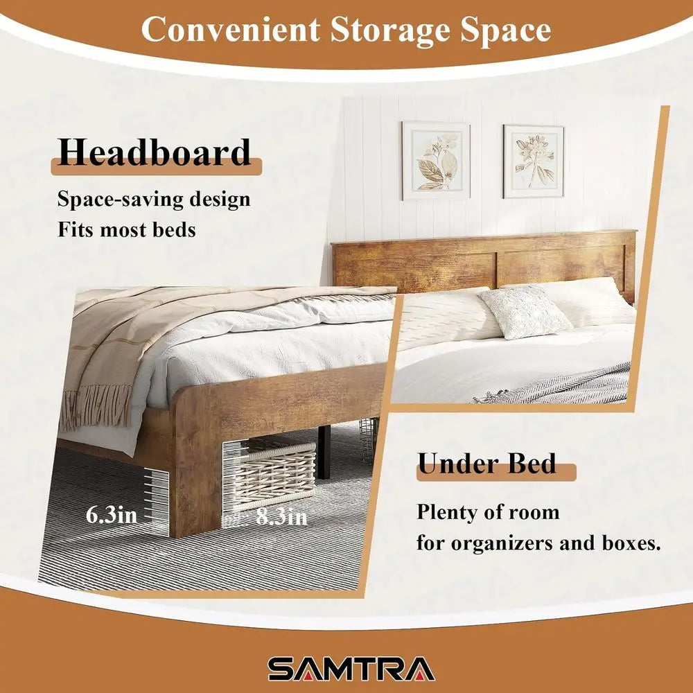 King Size Wooden Farmhouse Platform Bed Frame – Rustic Brown with Headboard