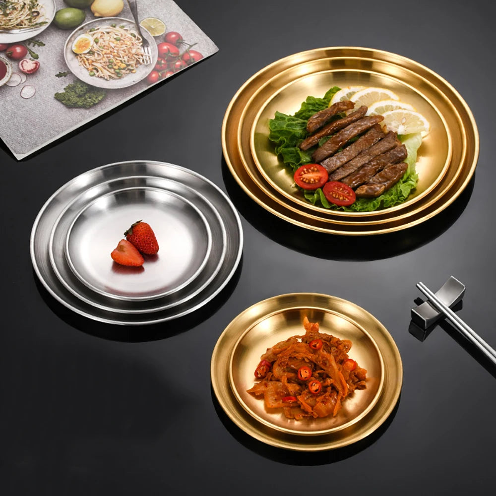 Gold Stainless Steel Round Plate – Rust-Proof Shallow Tray for Dining & Outdoor Use