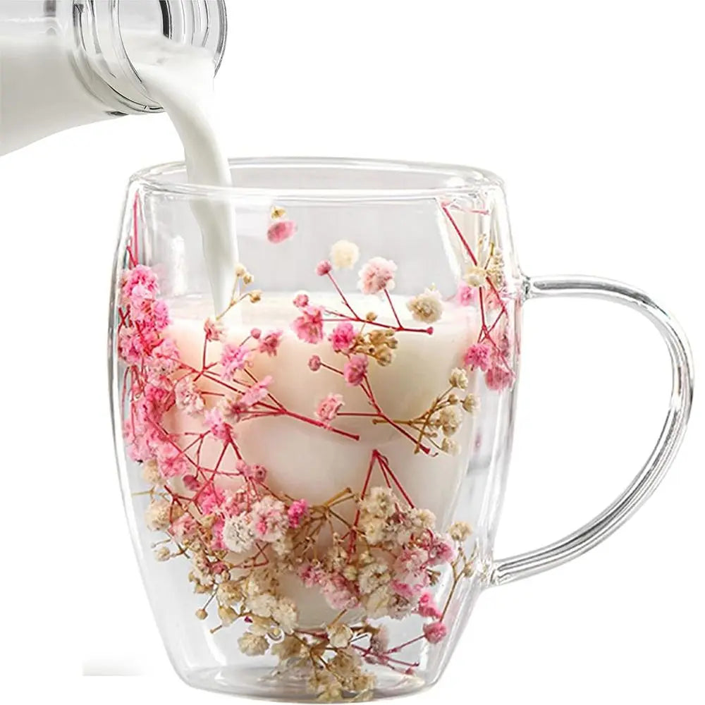 350ml Dried Flowers Glass Mugs with Handle Simple Elegant Double Wall Glass Cup Creative Heat Resistant Coffee Mug Home&Office
