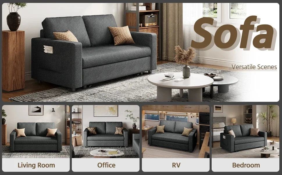 Pull-Out Trundle Bed Sleeper Sofa Convertible Couch for LimitedLiving Room Bedroom Guest Room Dark Gray 55.5 in