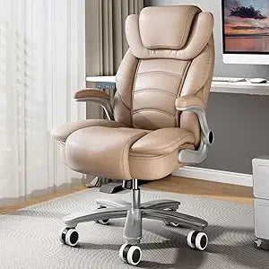 GYI Big and Tall Office Chair 400lb Wide Seat, Ergonomic High Back Leather Executive Desk Chair with Flip-up Arms, White
