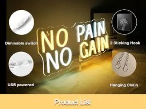 No Pain No Gain Led Neon Sign Text Neon Light for In Modern Gyms Offices Bedrooms Offices Piano Rooms Wall Decor Dimmable USB