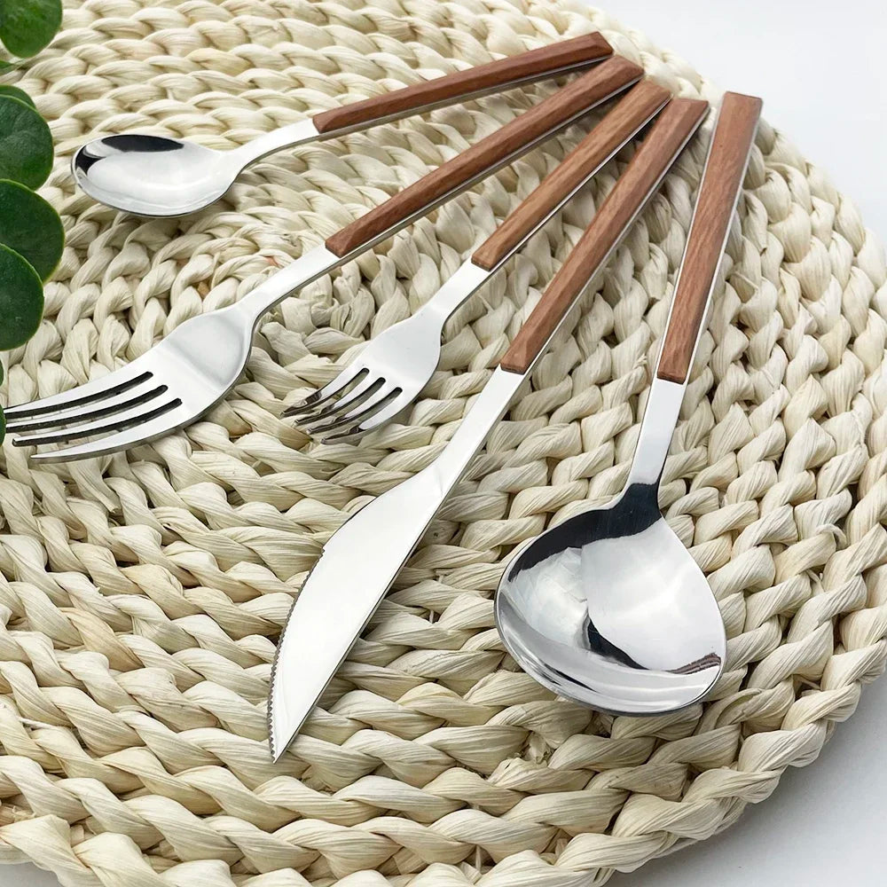 16Pcs Stainless Steel Cutlery Set Imitation Wooden Handle Western Tableware Brown Silver Knife Fork Spoon Kitchen Dinnerware Set