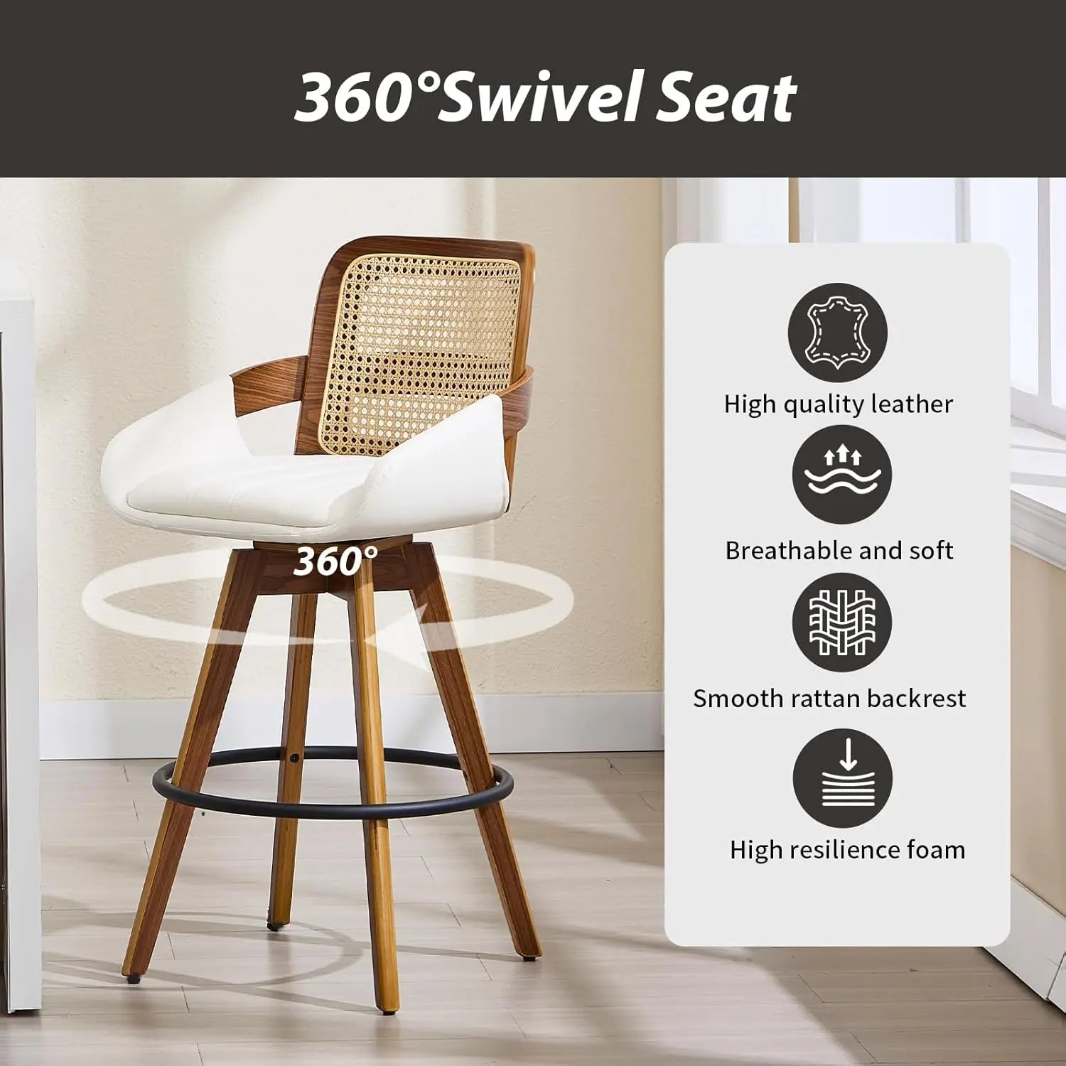 Swivel Counter-Height Bar Stools with Arms – Faux Leather & Rattan Back (Beige)