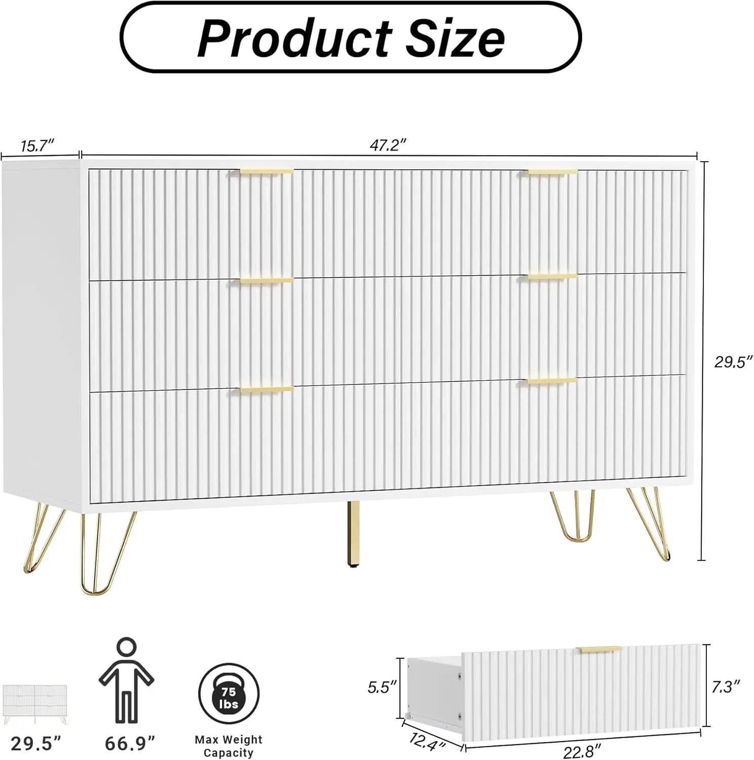 White Modern Dresser with Gold Handles, 47.2'W