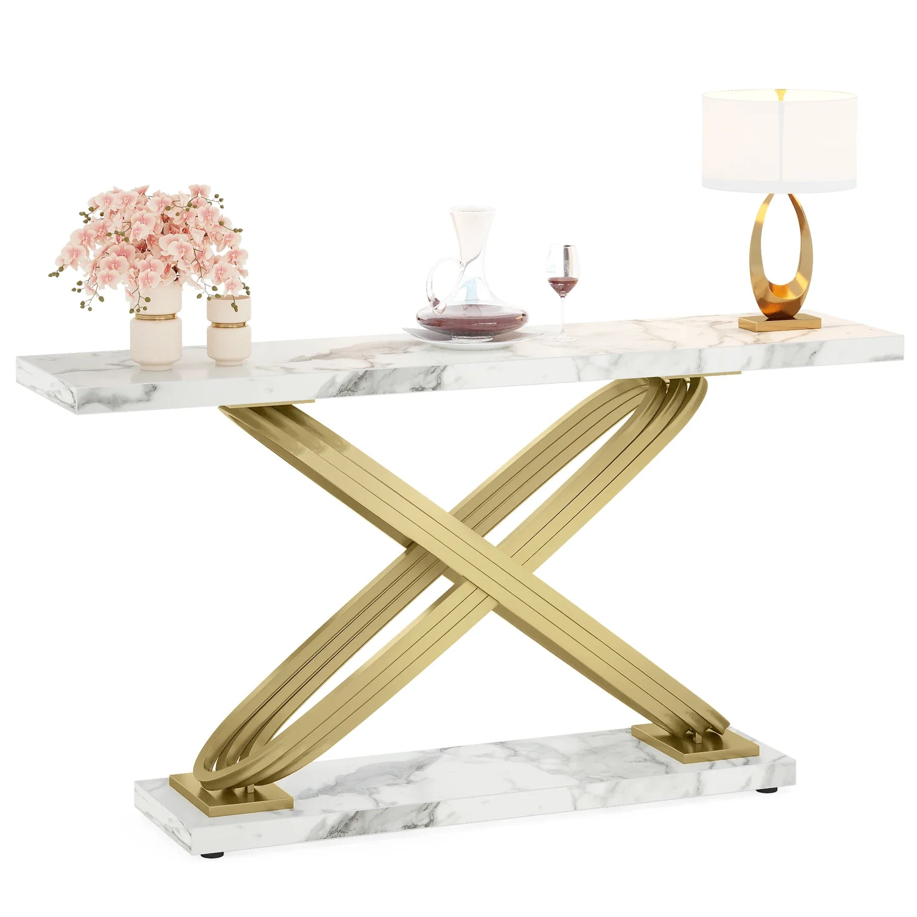 Tribesigns 55 Inch Modern Console Table, Faux Marble Gold Entryway Table Behind Sofa Couch, Narrow Rectangular Sofa Table