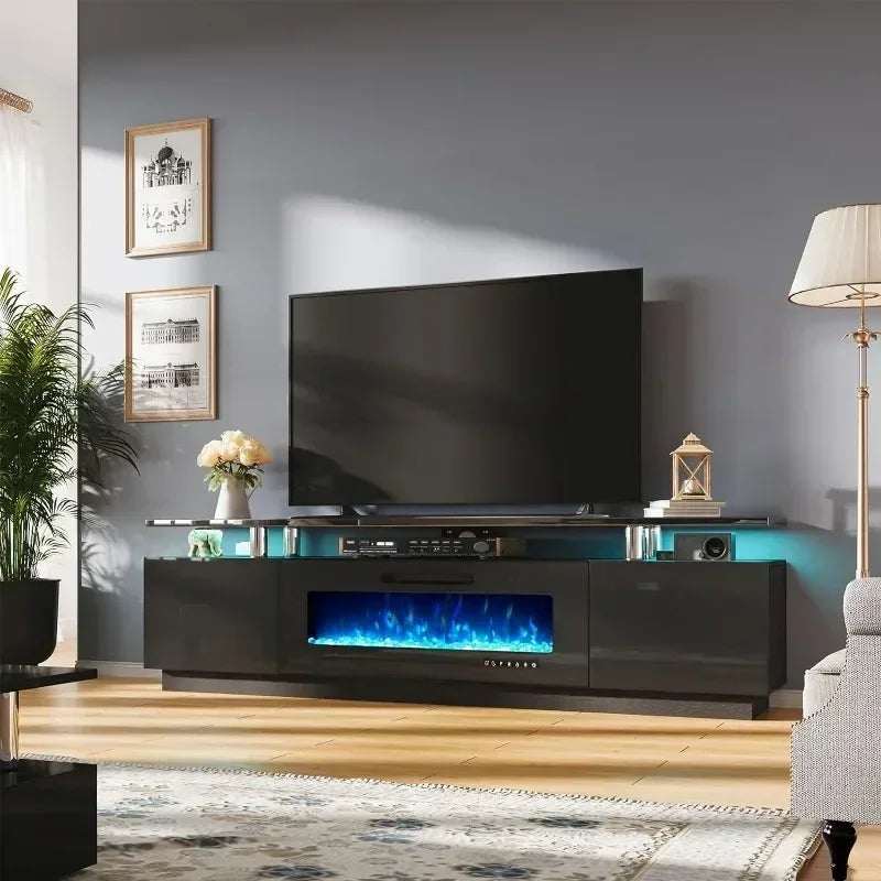 Fireplace TV Stand for 80 "TVs, LED Light, Entertainment Center, 2-Tier Storage", High Gloss, 70"