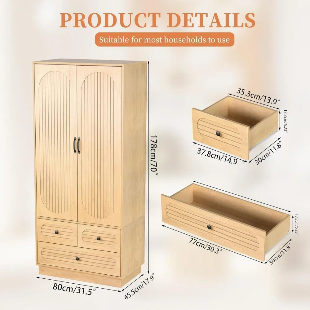 Fluted Wardrobe Closet with Doors Cabinet with Drawers Clothing Storage with Hanging Rod And Shelves for Bedroom Organization