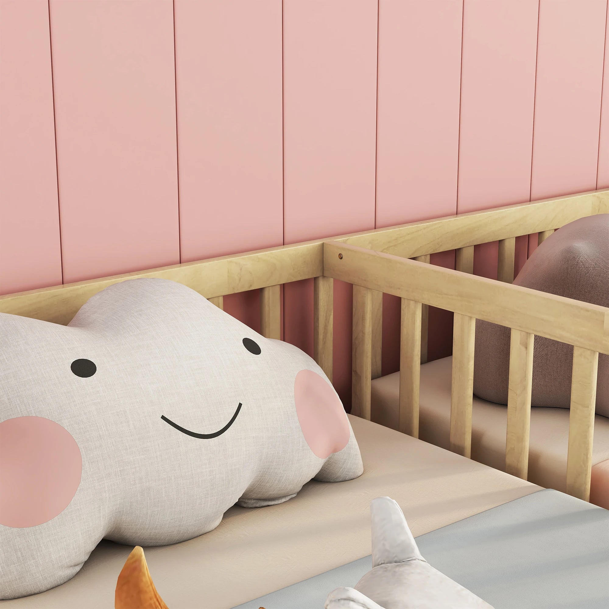 Double Twin Floor Bed with Fence & Guardrails – Doorless Design