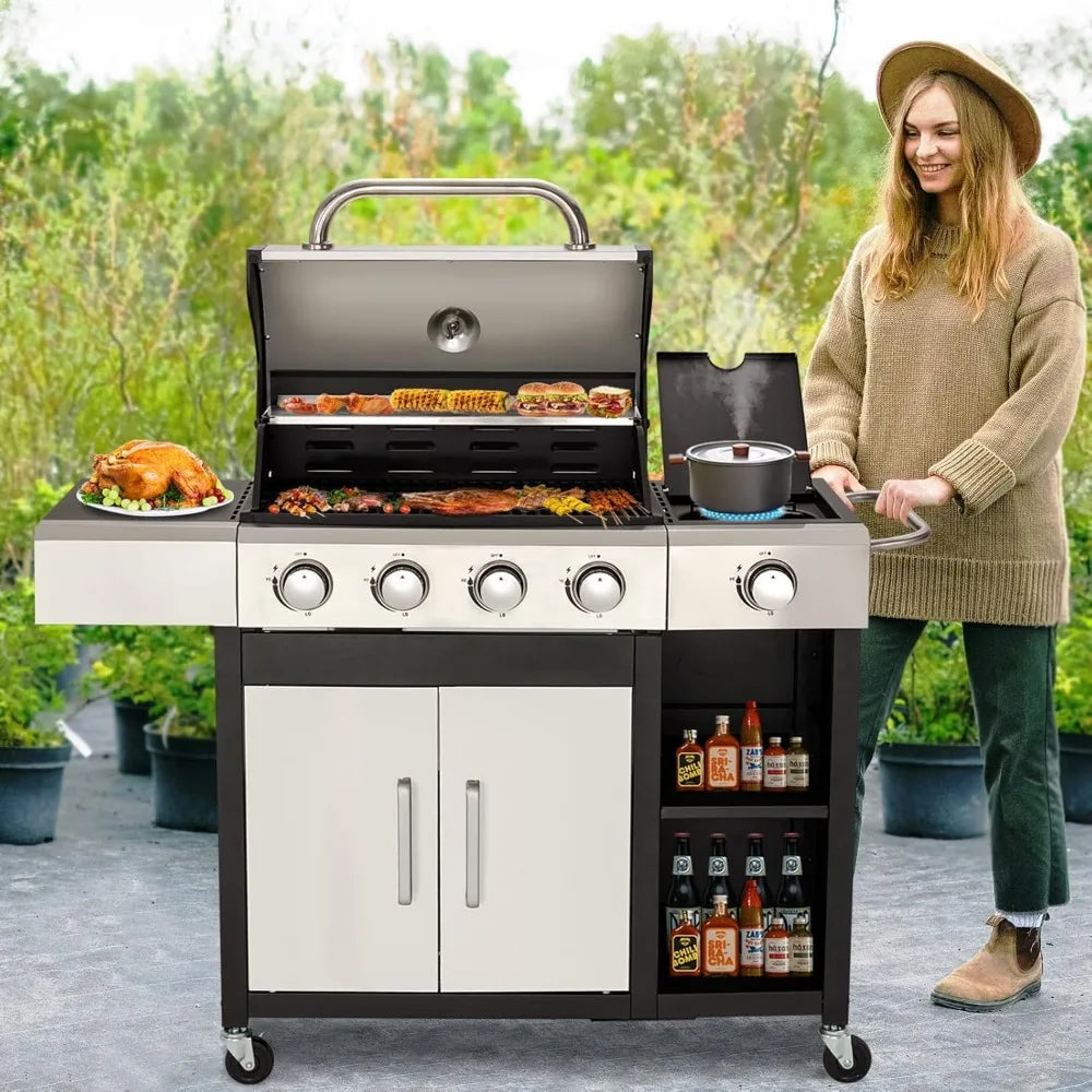 Stainless Steel 4-Burner Propane Gas Grill with Side Burner and Cabinet, 49,000 BTU Output, Porcelain-Enameled Cast Iron Grates