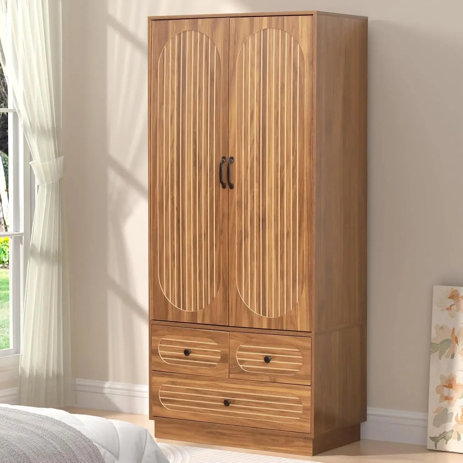 Fluted Wardrobe Closet with Doors Cabinet with Drawers Clothing Storage with Hanging Rod And Shelves for Bedroom Organization