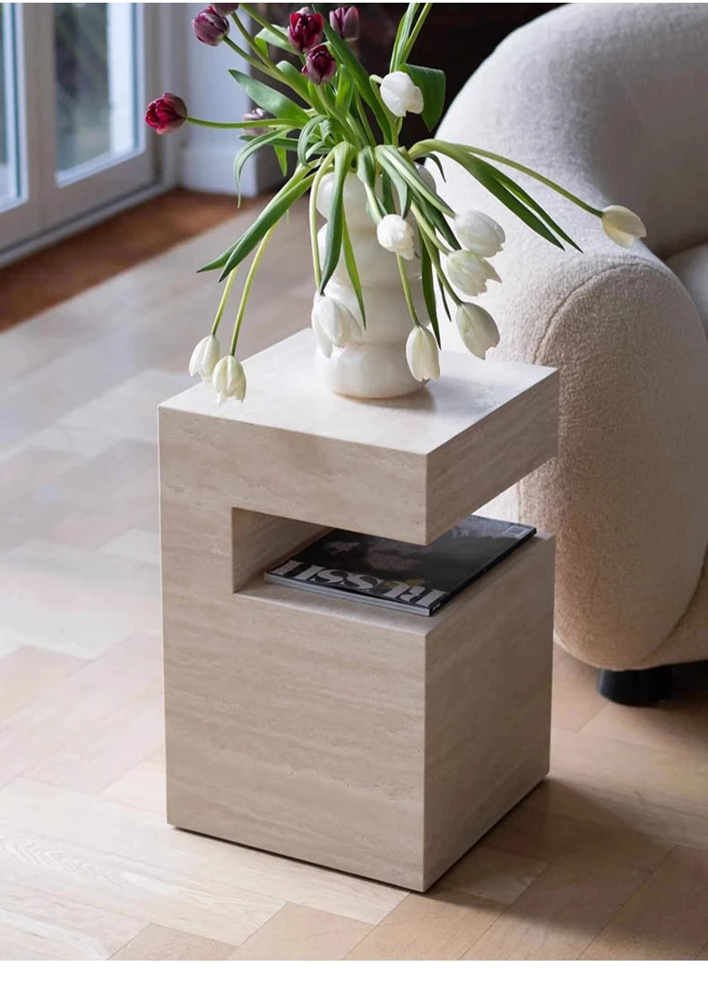 37x37x50CM Rosso Levanto Travertine Vintage Marble Side Table Nighstand Handmade Solid Natural Stone Coffee Table Desk