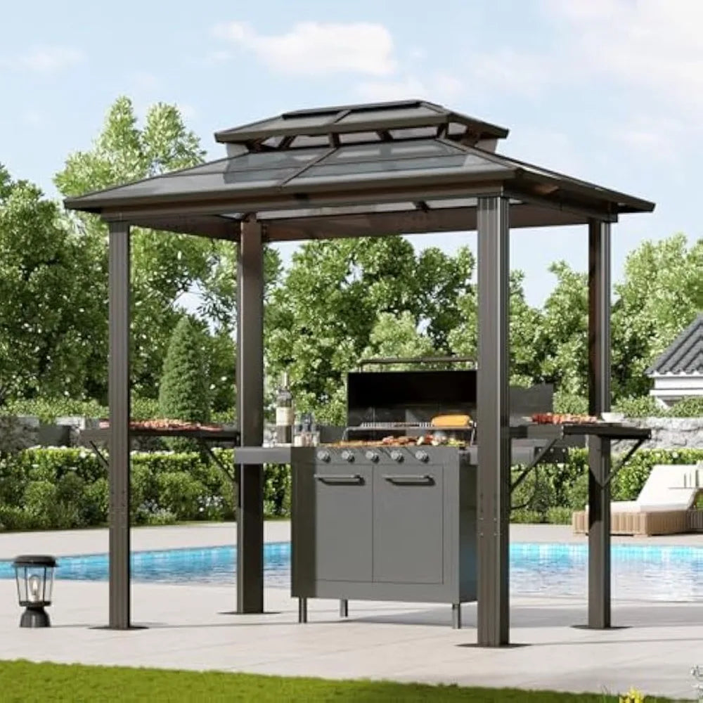 Grill Gazebo 8 x 5FT, Aluminum BBQ Gazebo with Double Polycarbonate Top, Grill Canopy Hardtop with Shelves for Lawn, Patio, Gar