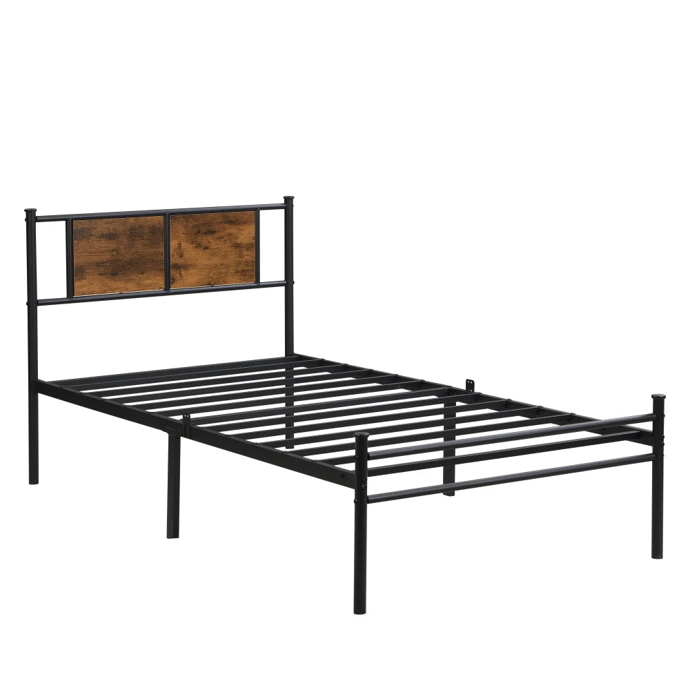 Twin Size Metal Bed Frame with Wood Panel Headboard – Quick Assembly, Noiseless (Black)