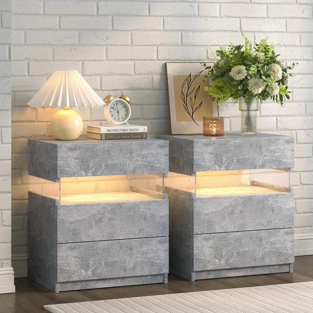 grey led nightstand set of 2,night stand set 2,modern night stand with 3 drawers,night stands for bedroom set of 2,bedside table