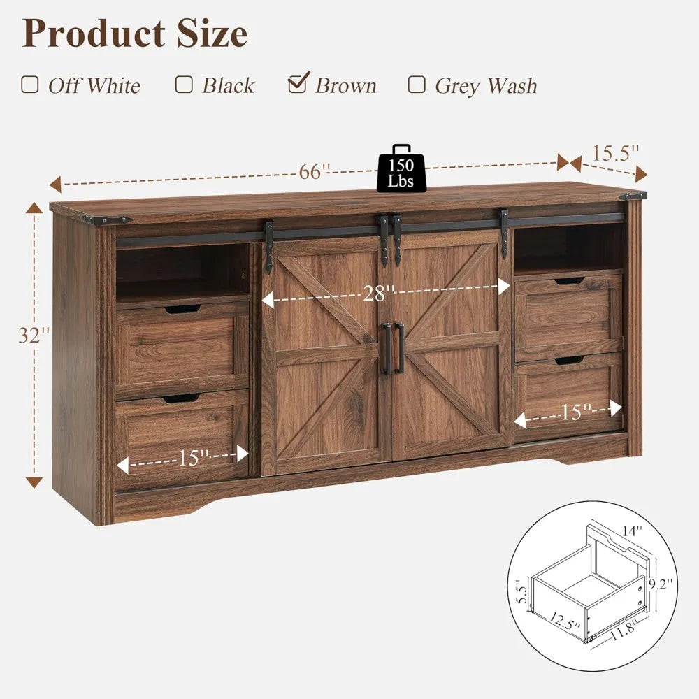 Farmhouse TV Stand for 75+ Inch TV, 32" Tall Entertainment Center w/4 Drawers & Sliding Barn Door, Rustic Media Console w/Stora