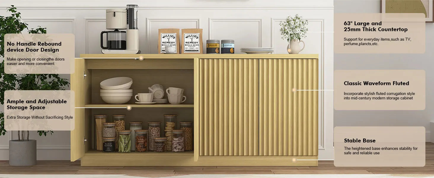63‘’Fluted Sideboard with Storage 4 Doors & Adjustable Shelves Buffet Cabinet Large Modern Credenza Accent Console Cabinets