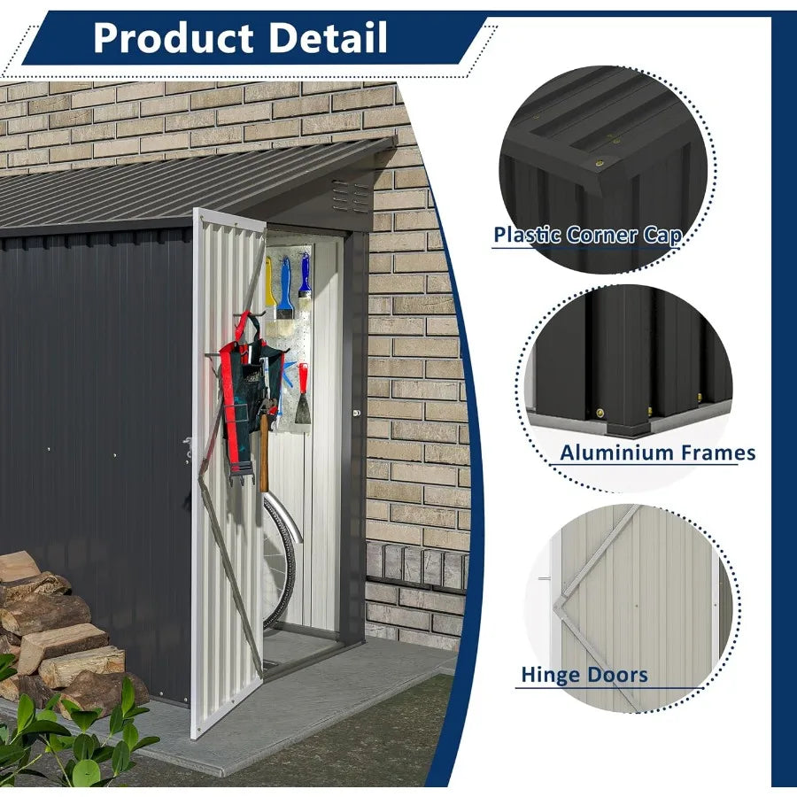 4' x 8' Metal Wall Side Storage Shed for Outdoor Use in Garden Backyard and Patio Durable Black Outdoor Storage Cabinet with