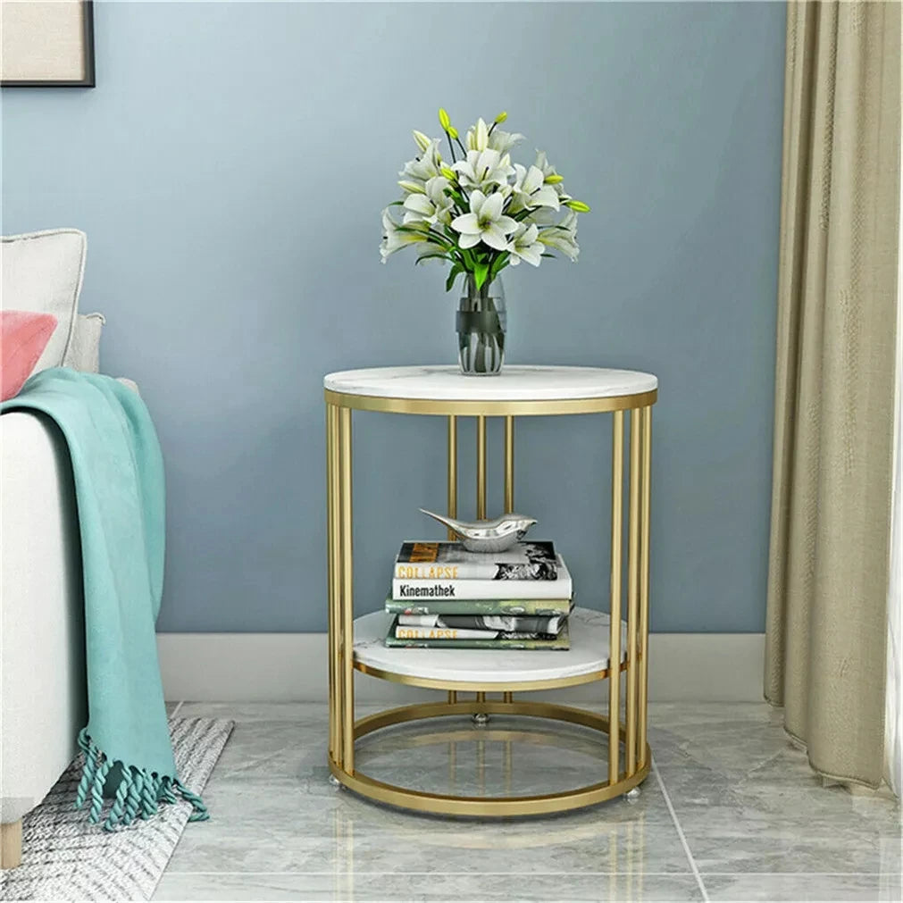 2 Tiers Round Sofa Side Table Sintered Stone Gold Metal Frame End Table Marble Accent Coffee Table Nightstand