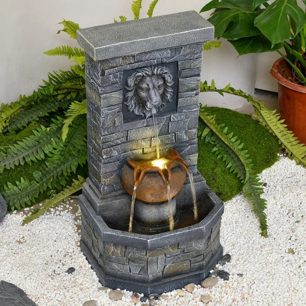 Outdoor Garden Floor-Standing Water Fountain Lion Head Stone with Lights Outdoor Waterfall for Patio, Backyard, Deck, Po