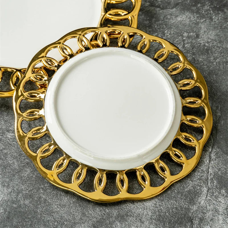 Gold-Plated Hollow-Out Ceramic Serving Plate – Decorative Steak, Dessert & Salad Plate