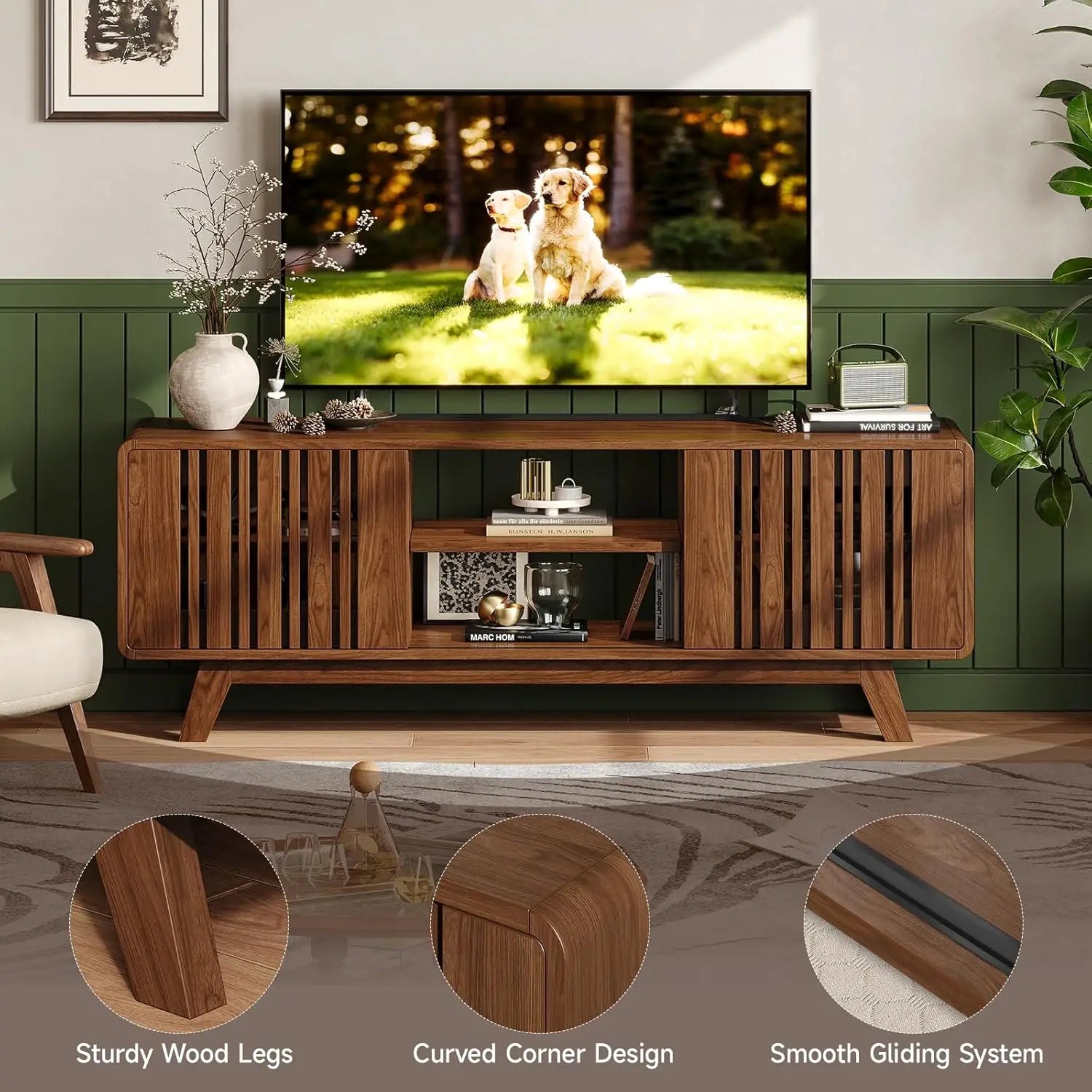 mid-century modern 63" tv stand for 75" tvs with sliding door entertainment center and power outlet
