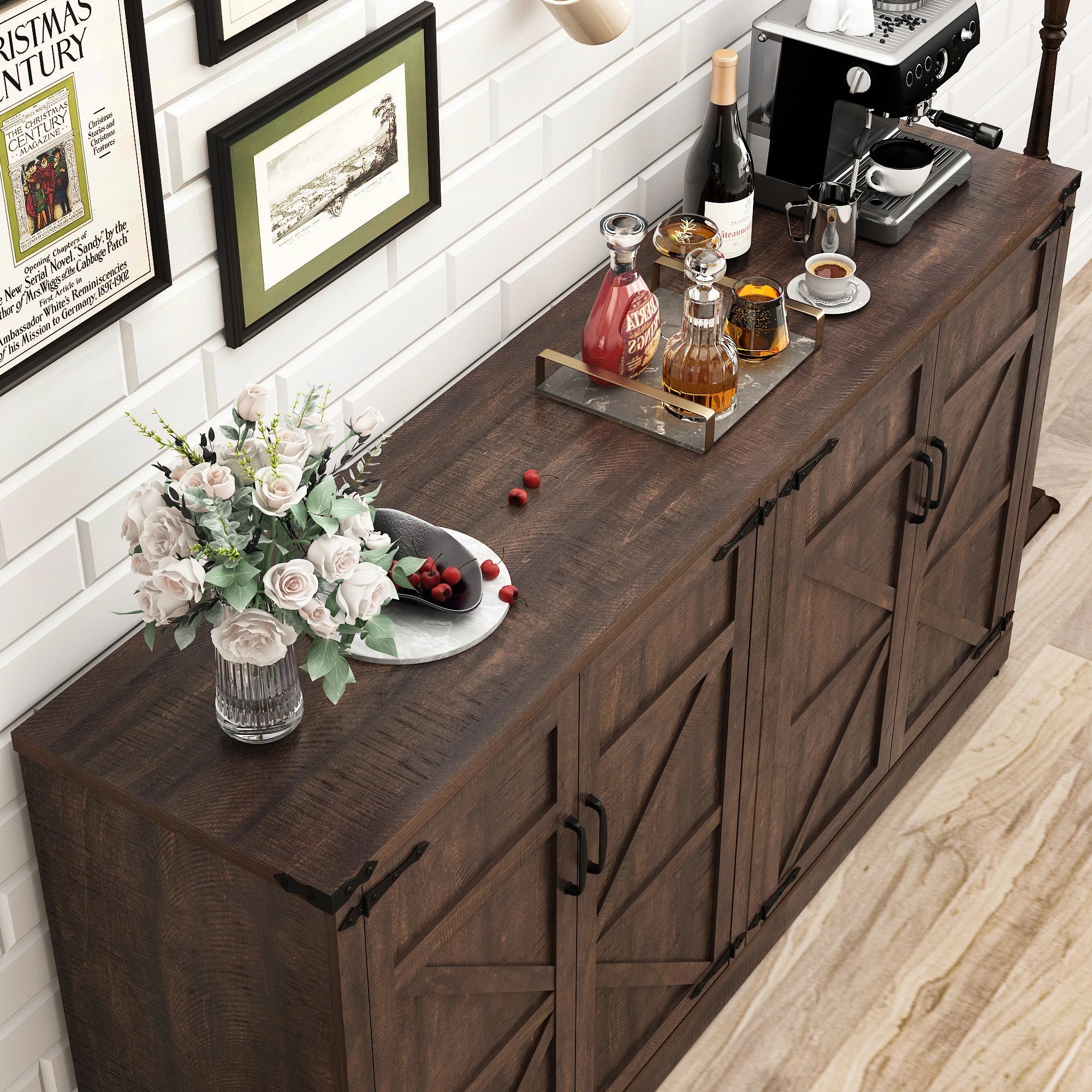 Buffet Cabinet Coffee Bar Cabinet with Drawers & Doors Farmhouse Kitchen Buffet Sideboard Cabinet for Living Room Kitchen