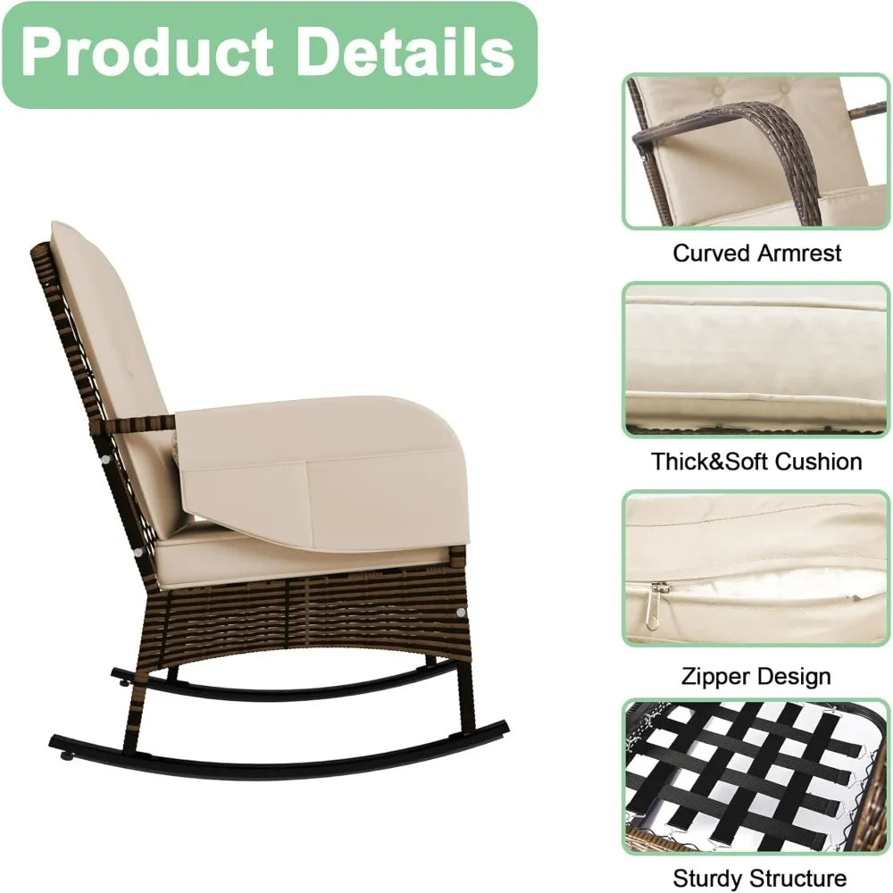 3-Piece Patio Furniture Set,Outdoor Rocking Chairs Set of 2, Patio Conversation Set with 2 Wicker Chairs with Rattan Coffee Tabl