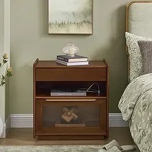 Mid-Century Modern Nightstand with Integrated Charger Station and Outlet Access, Glass-Front Drawers Wood Side Table for Bedroom