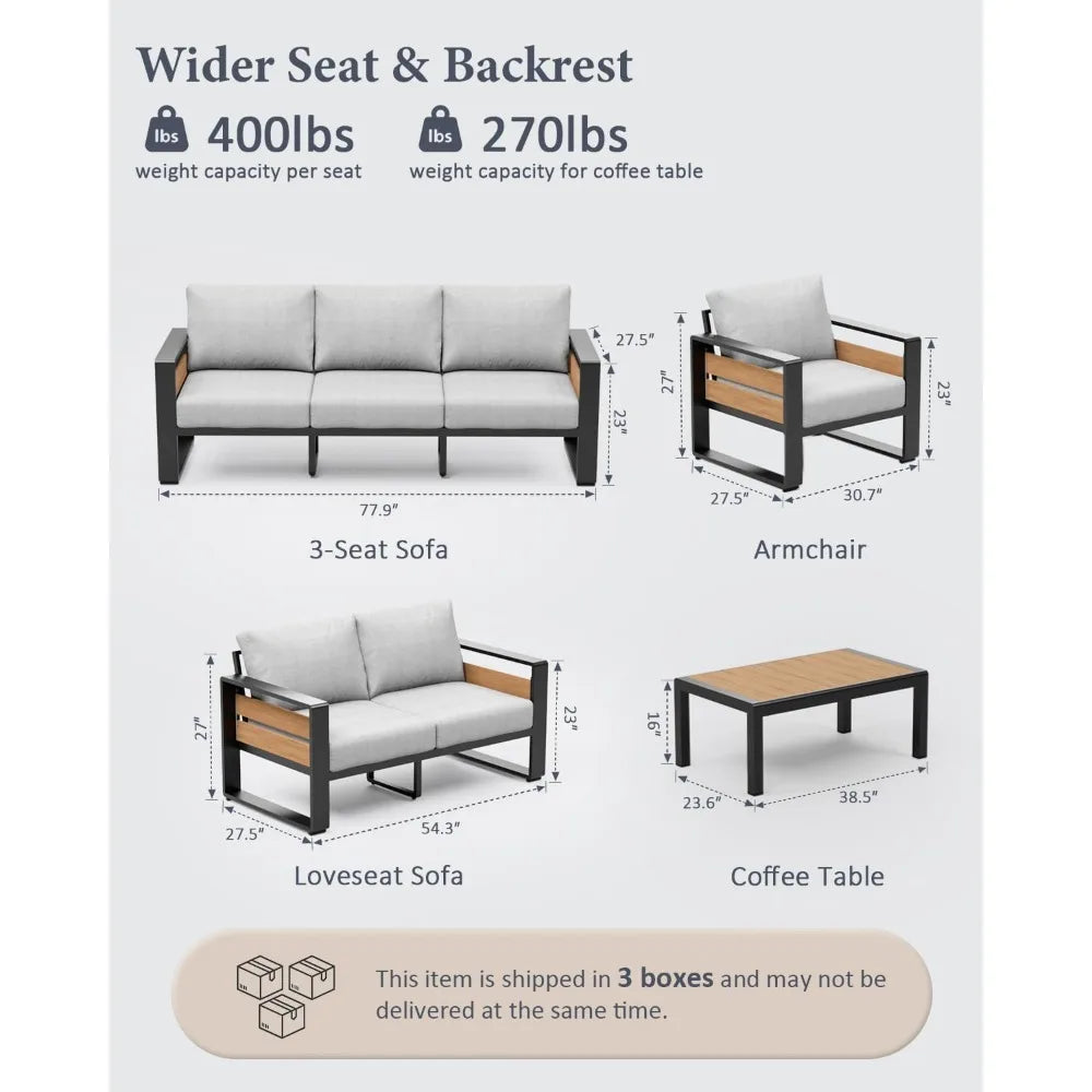 aluminum outdoor patio furniture - 2 pcs armchairs and coffee table, all-weather metal modern outside furniture with washable t
