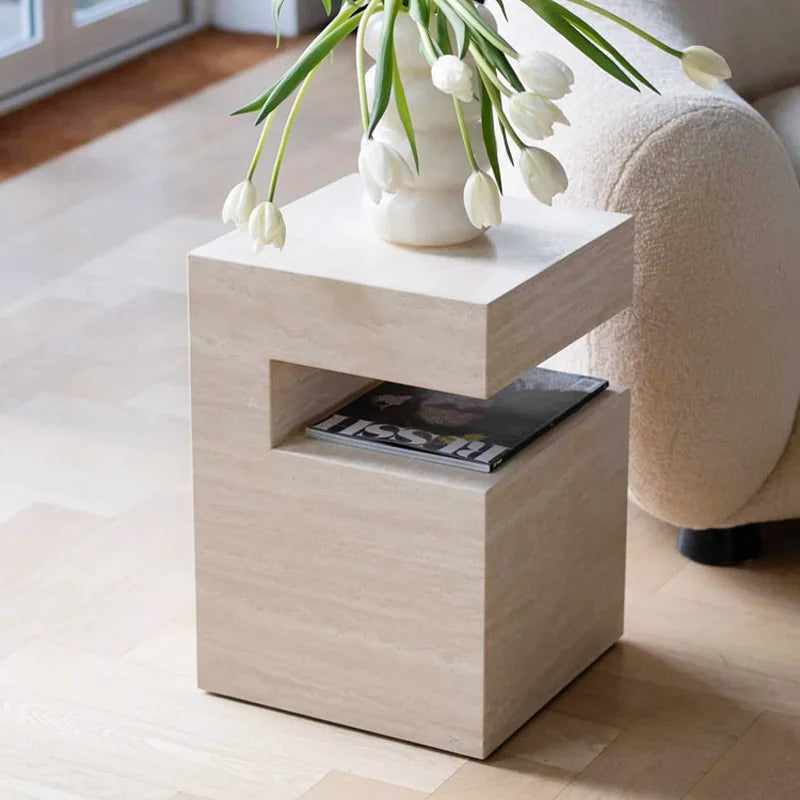 37x37x50CM Rosso Levanto Travertine Vintage Marble Side Table Nighstand Handmade Solid Natural Stone Coffee Table Desk