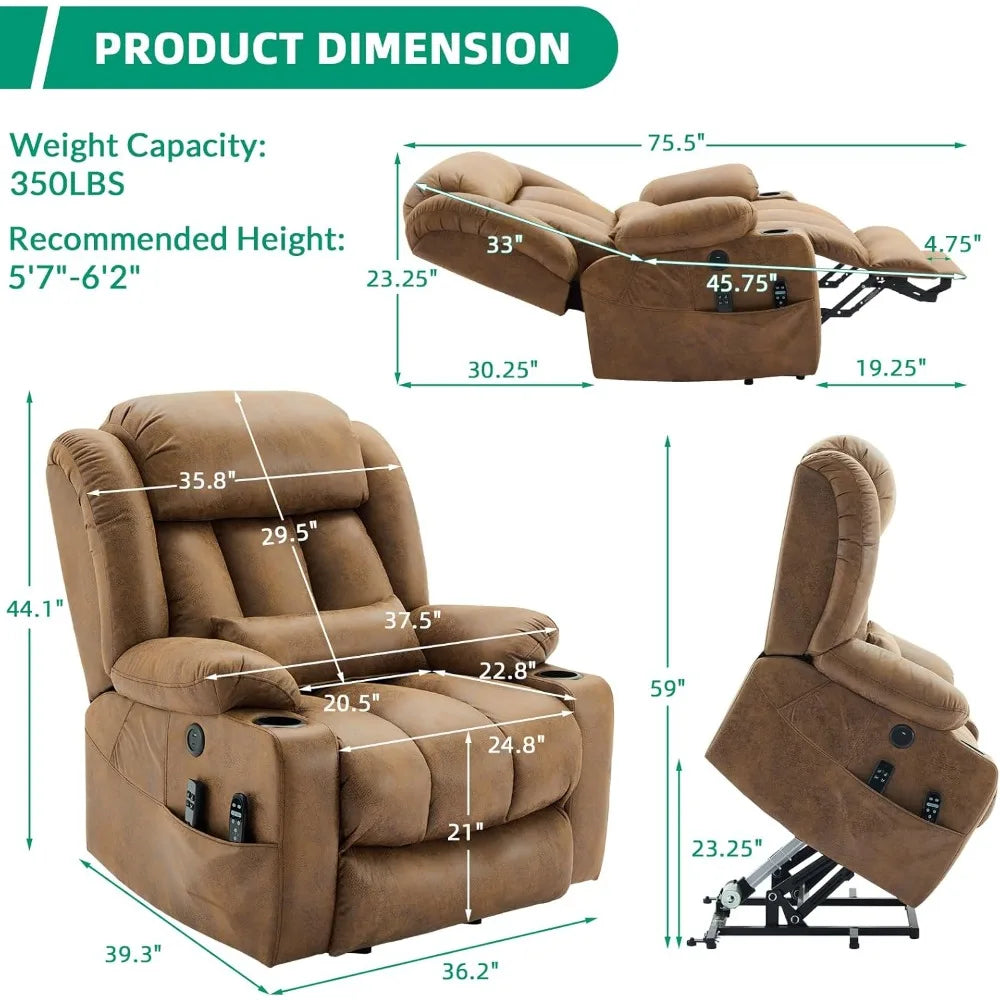 Tall Man Dual Motor Power Lift Recliner Chair with Extended Footrest, Oversized Lay Flat Sleeper Electric Recliner W/Heat