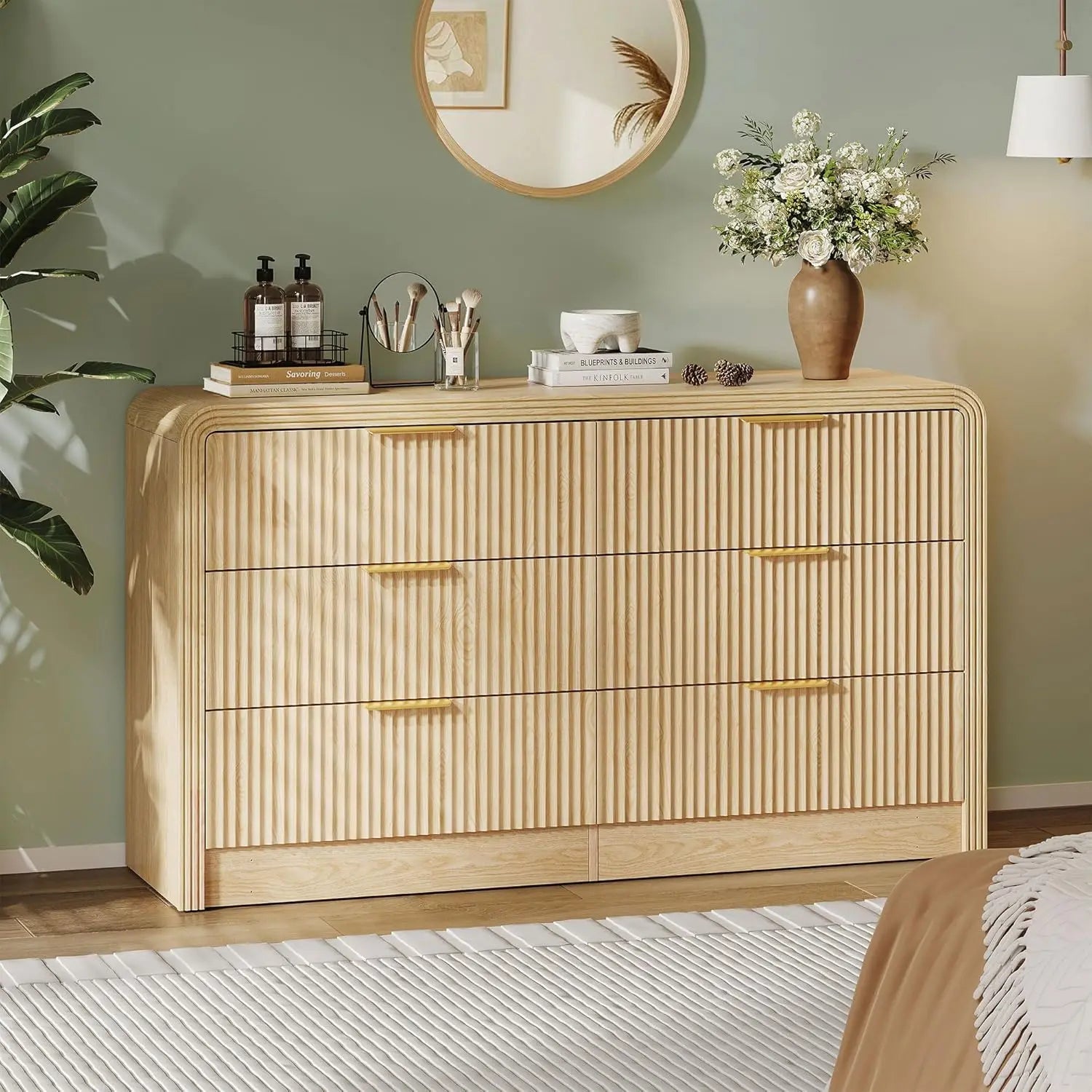 Fluted 6 Drawers Dresser for Bedroom,55'' Wide Wood Dressers with Gold Handles, Modern Dressers Wave Texture,Large Storage Chest