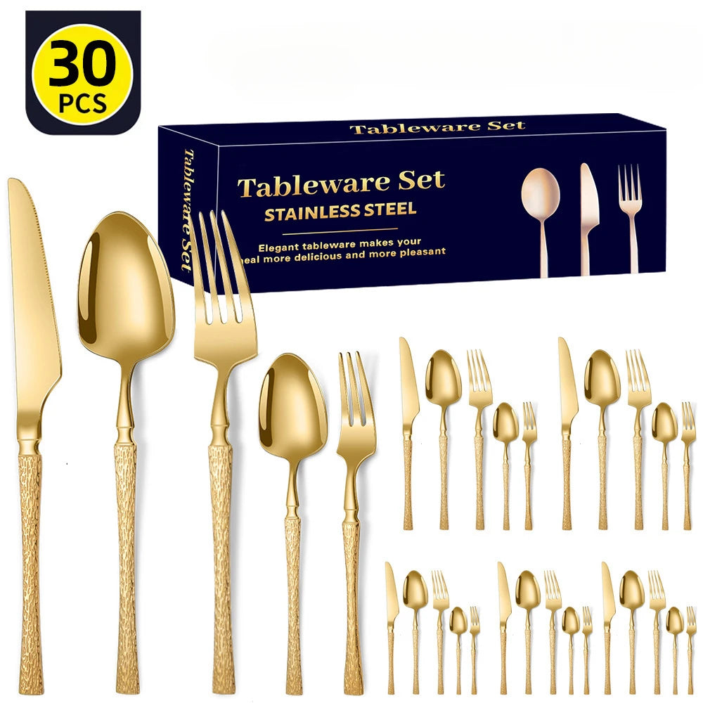 30pcs Hammer Pattern Small Waist Stainless Steel Steak Knife Fork and Spoon Creative Western Style Fork and Spoon Tableware Set